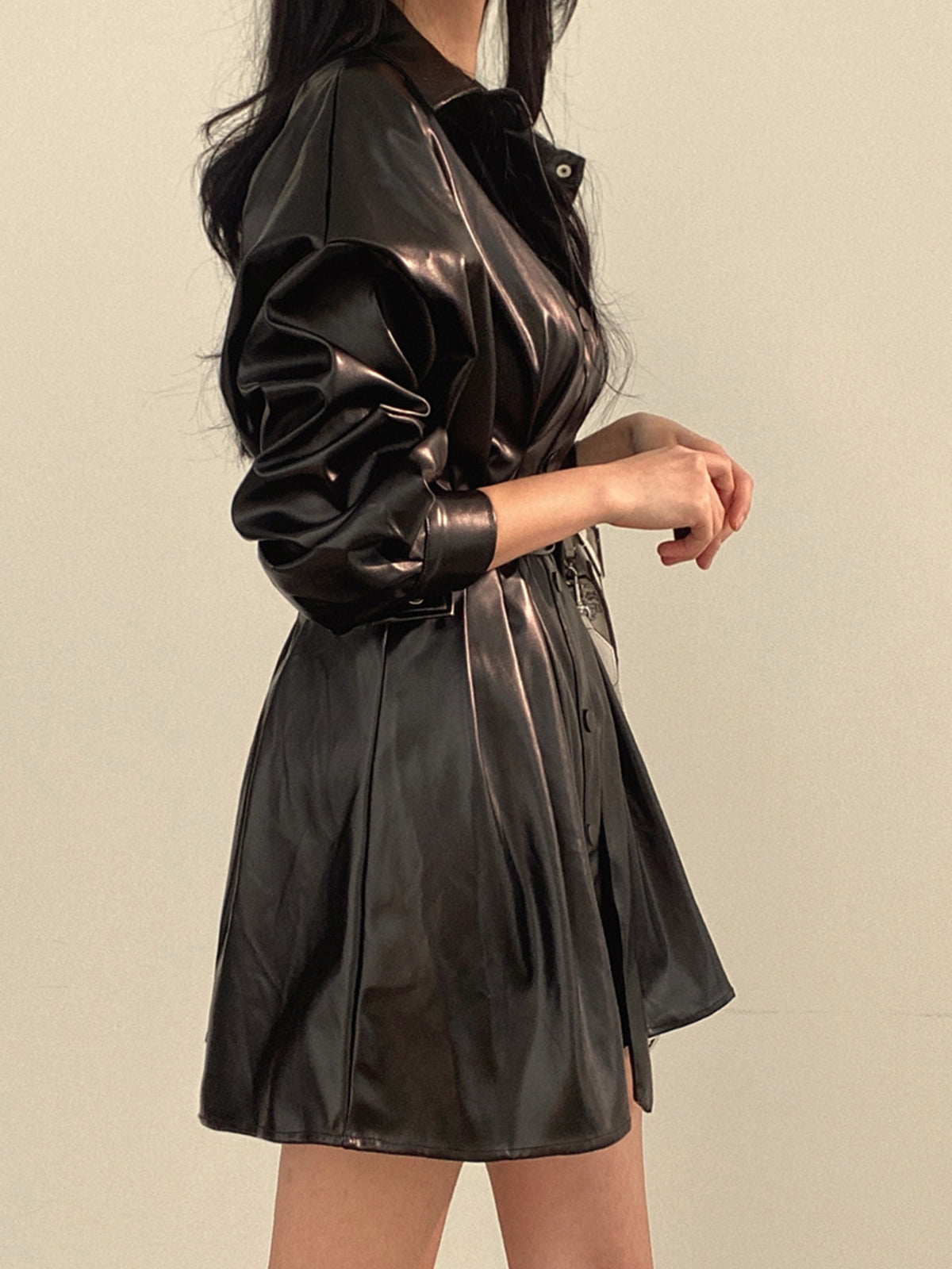 Plain Belted PU Leather Dress