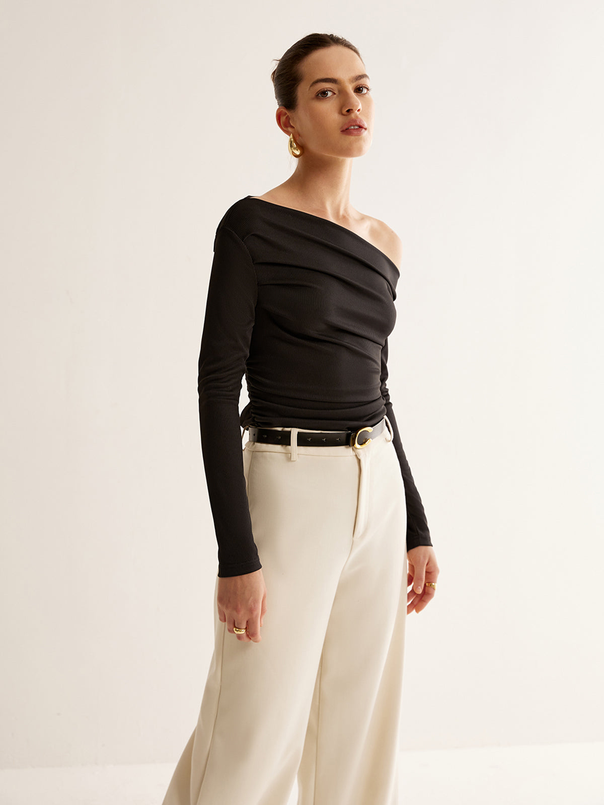 Asymmetrical Neck Pleated Long Sleeve Top