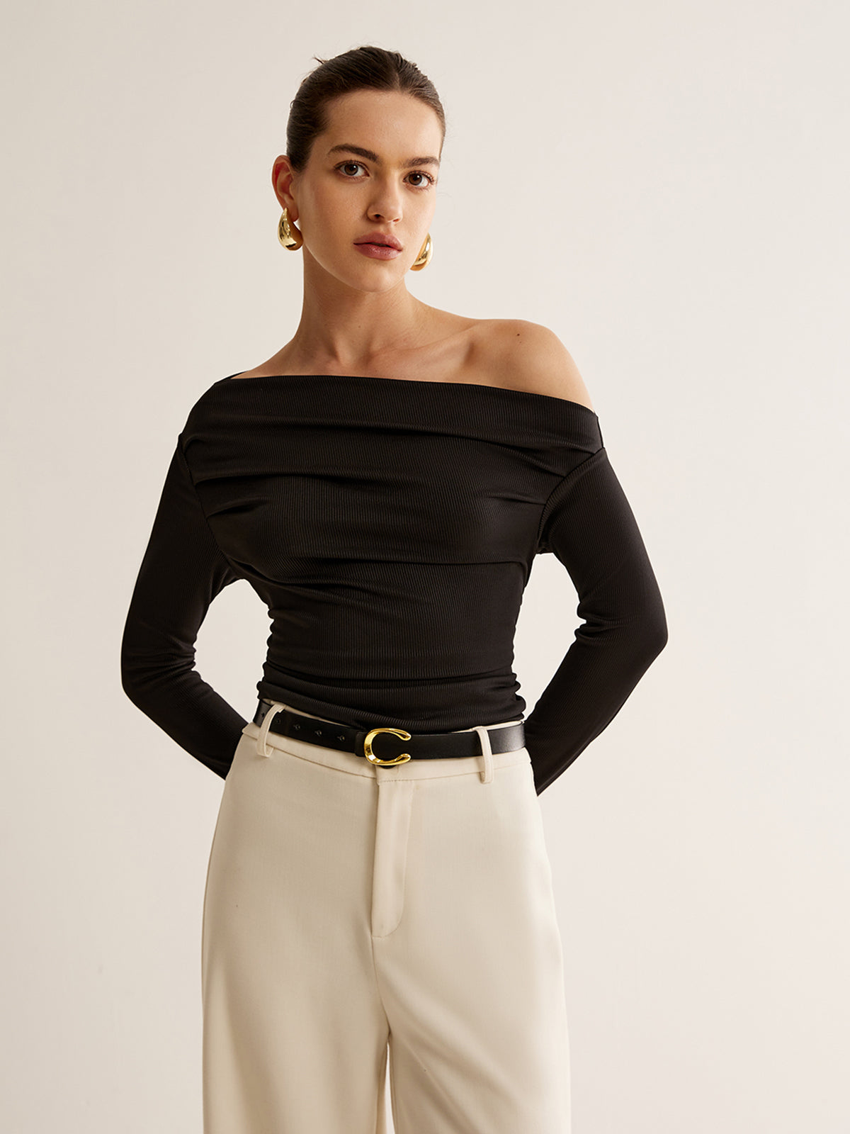 Asymmetrical Neck Pleated Long Sleeve Top