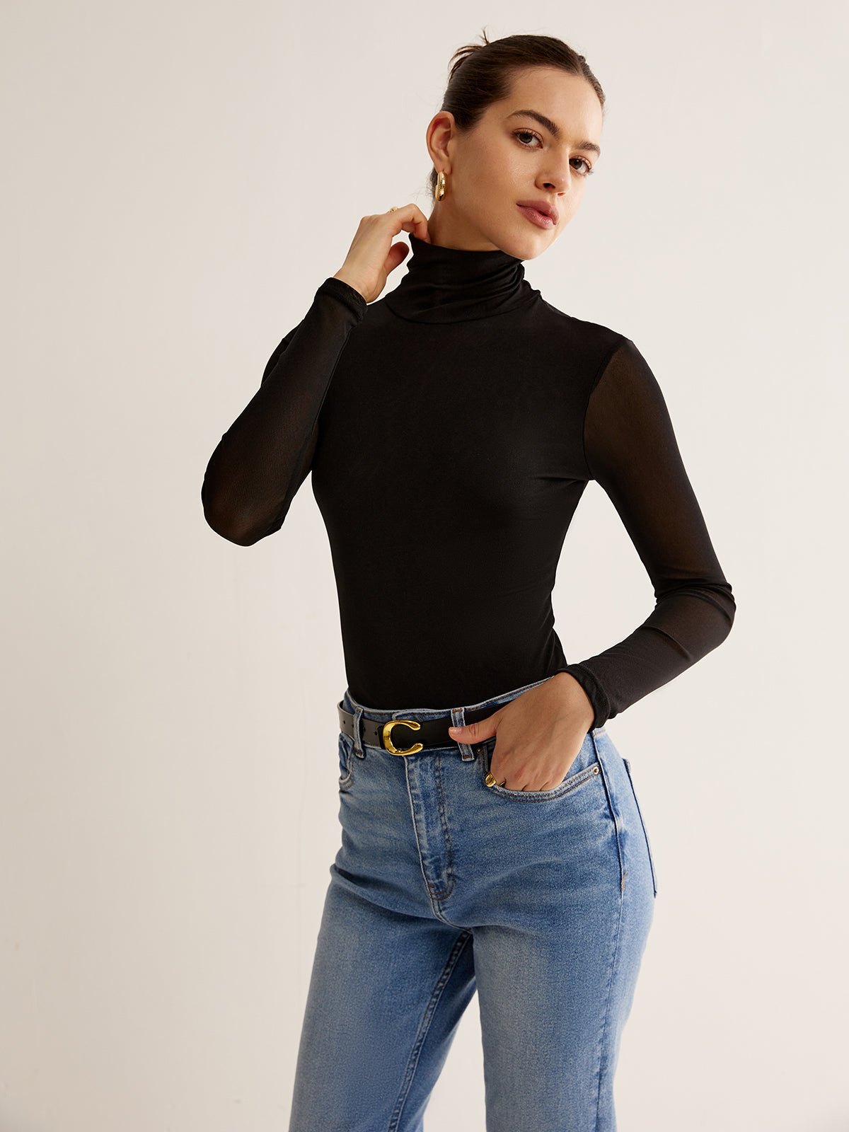 Turtleneck Sheer Sleeve Jersey Top