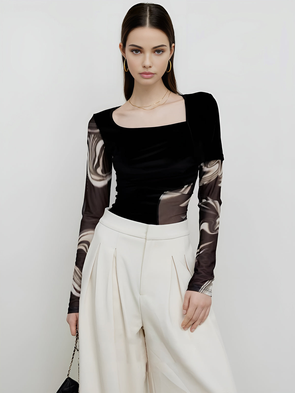 Geometric Printed Mesh Jersey Top