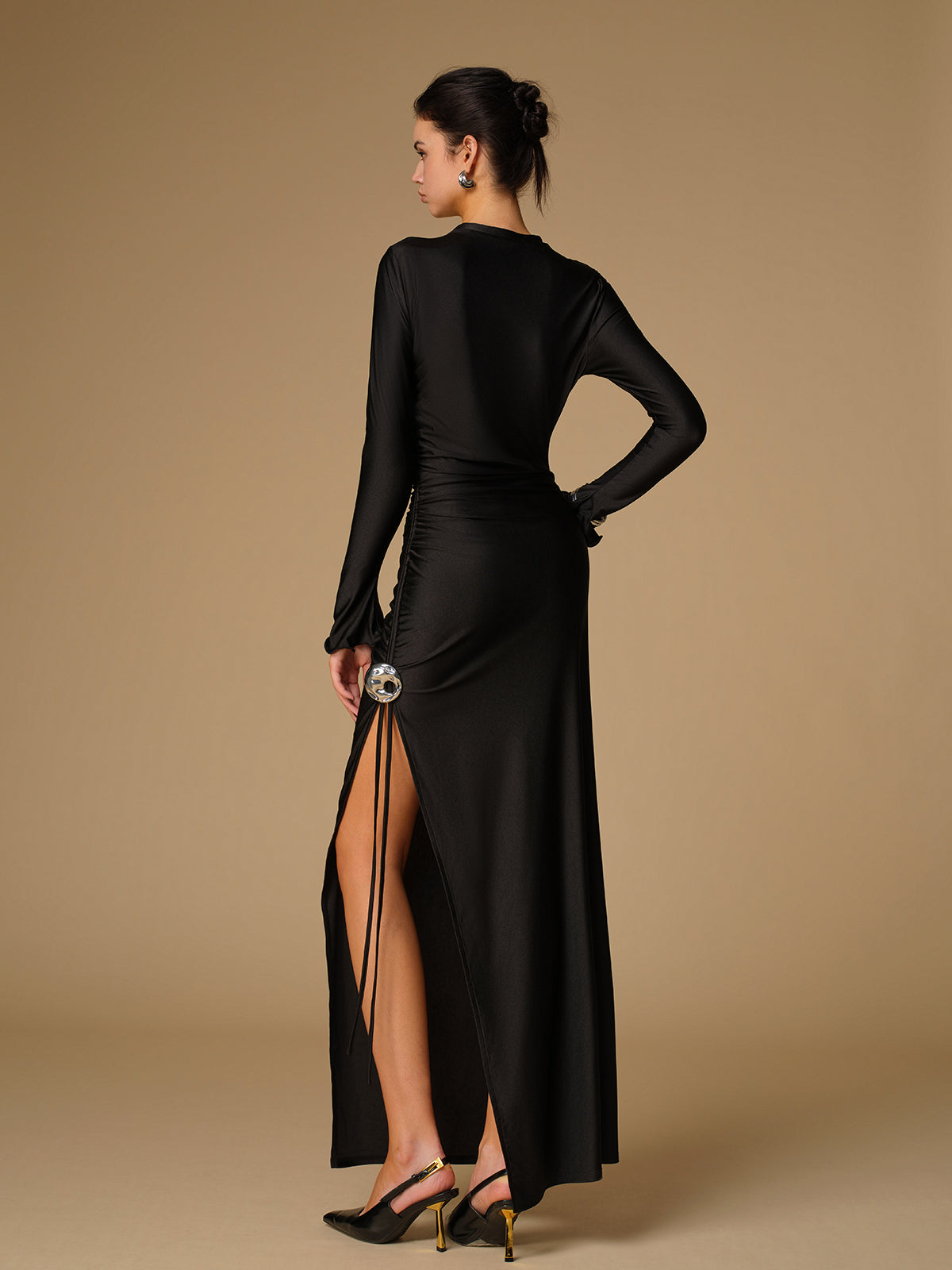 Metal Decor Split Pleated Long Dress