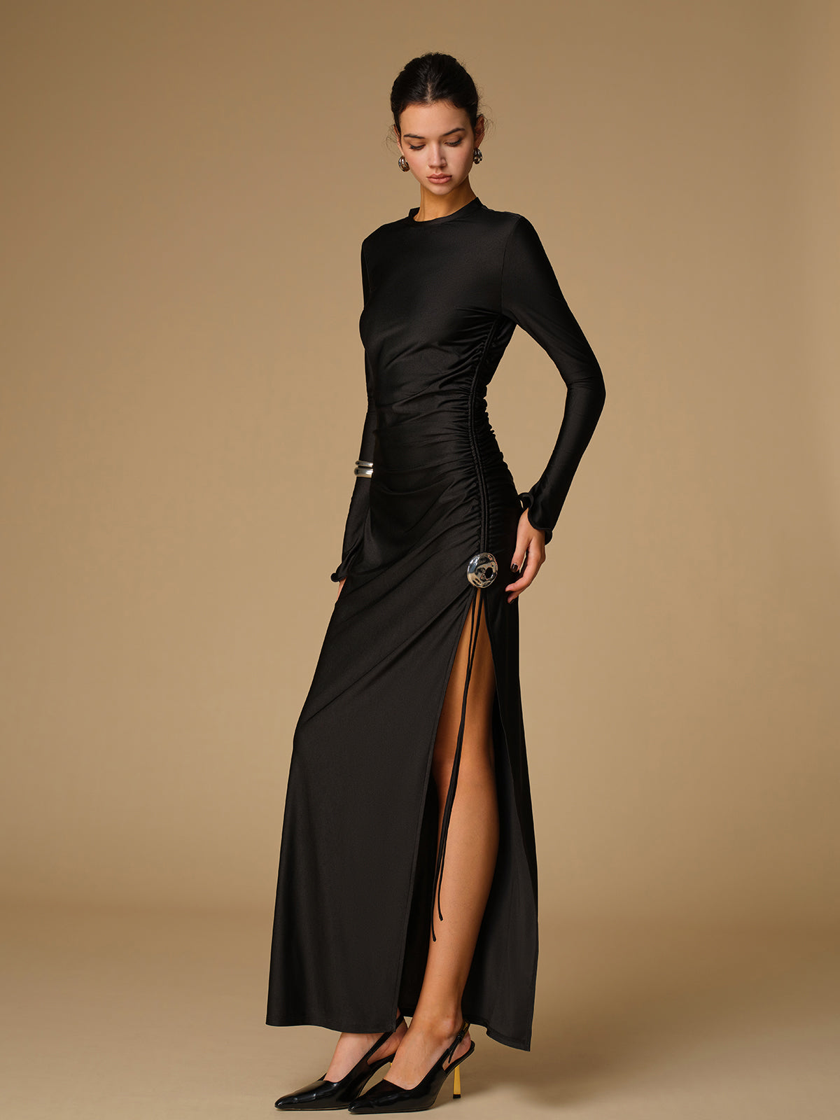 Metal Decor Split Pleated Long Dress