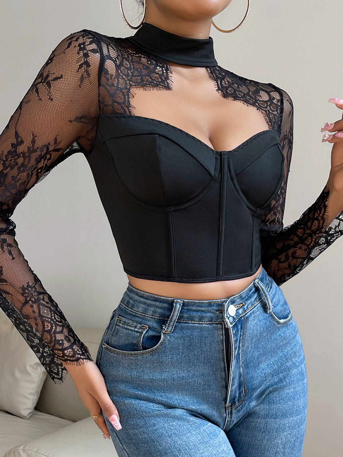 Cutout Lace Panel Skinny Top