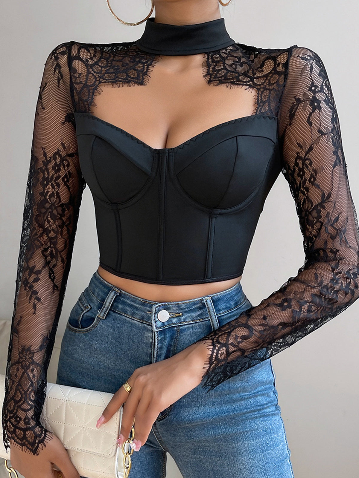 Cutout Lace Panel Skinny Top