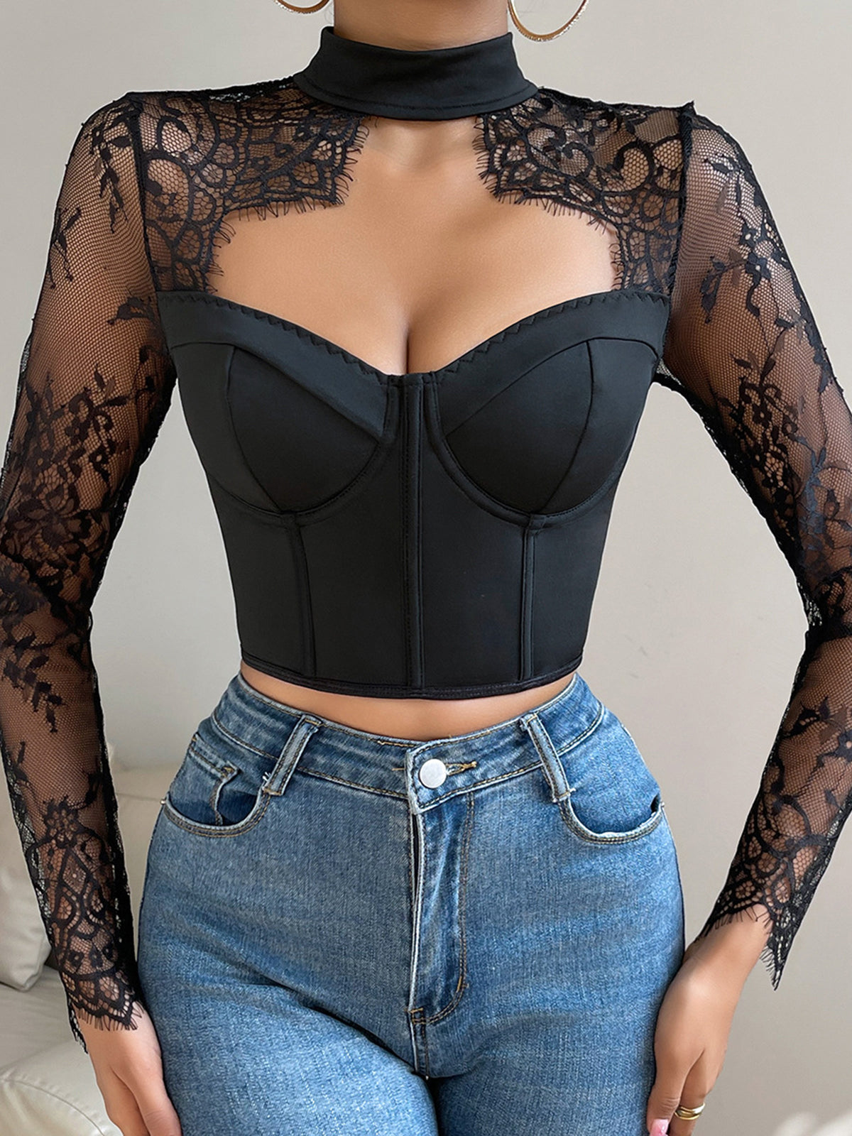 Cutout Lace Panel Skinny Top