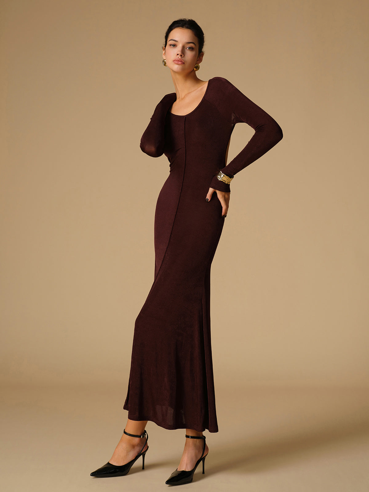 Tie Neck Backless Jersey Long Dress