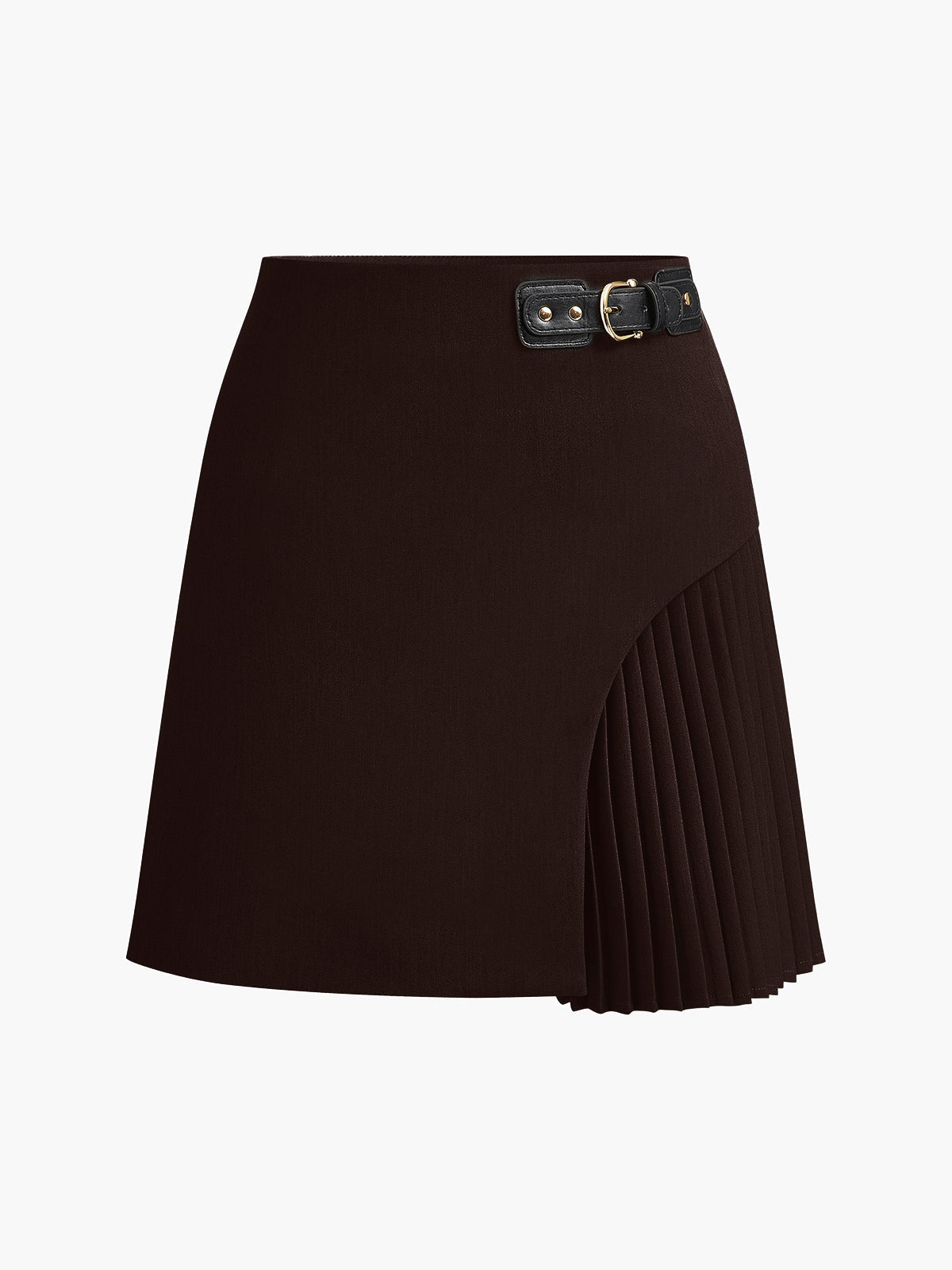 Side Pleated Buckle Belted Skirt