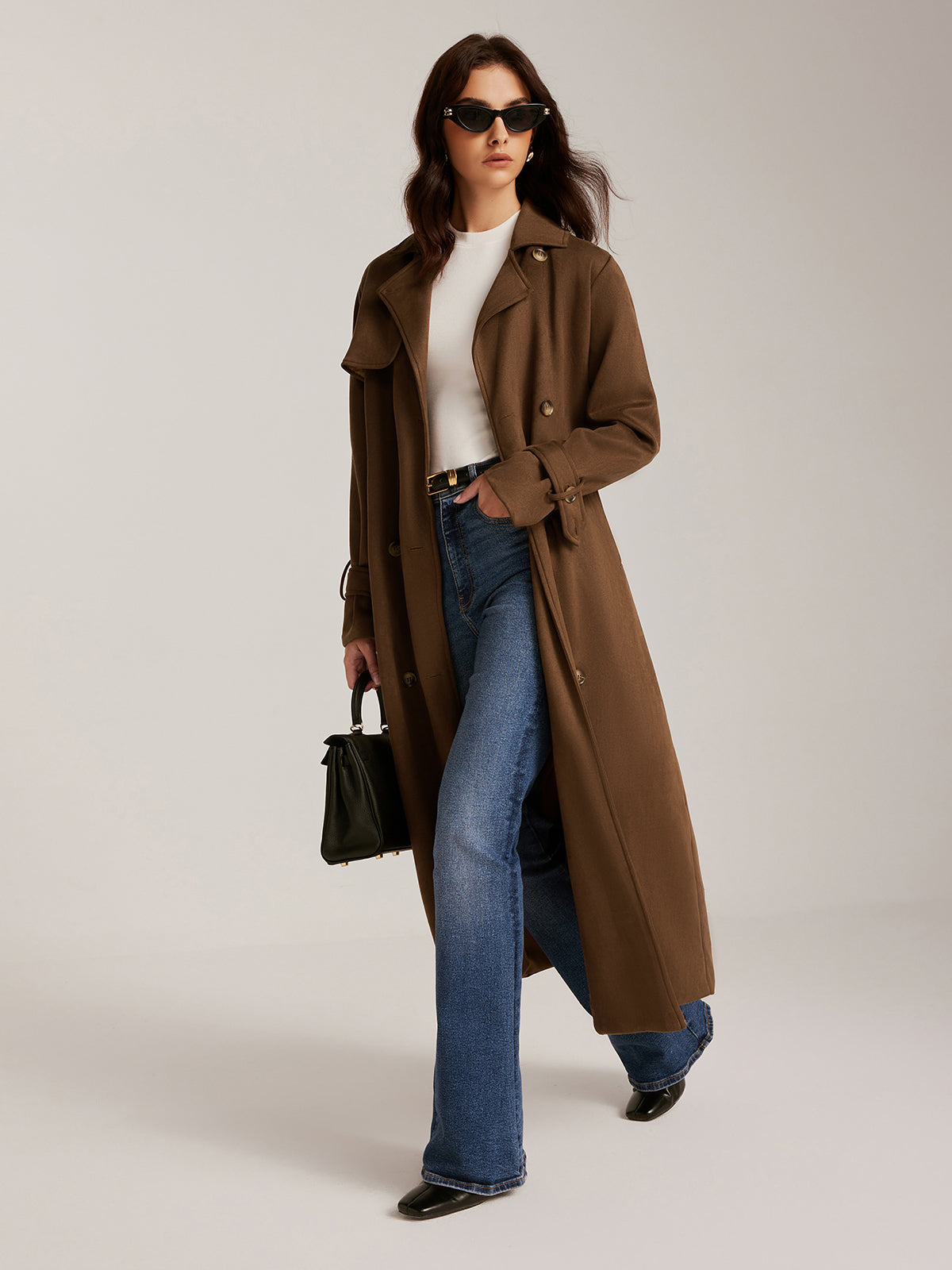 Suede Belted Button Long Trench Coat