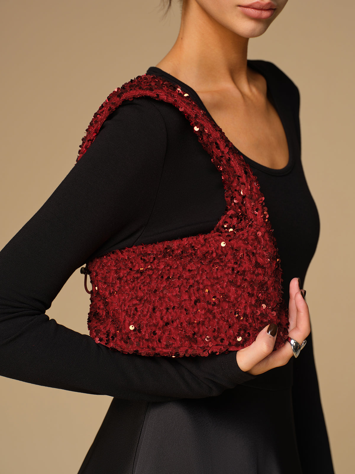 Sequins Drawstring Velvet Armpit Bag