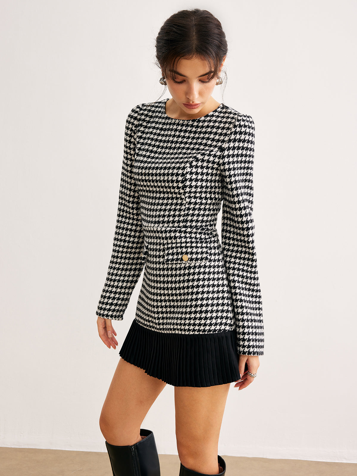 Houndstooth Panel Short Dress