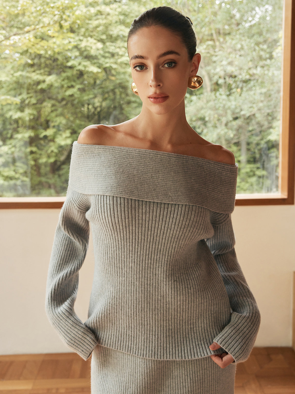 Ribbed Off-Shoulder Sweater Co-ords Without Belt