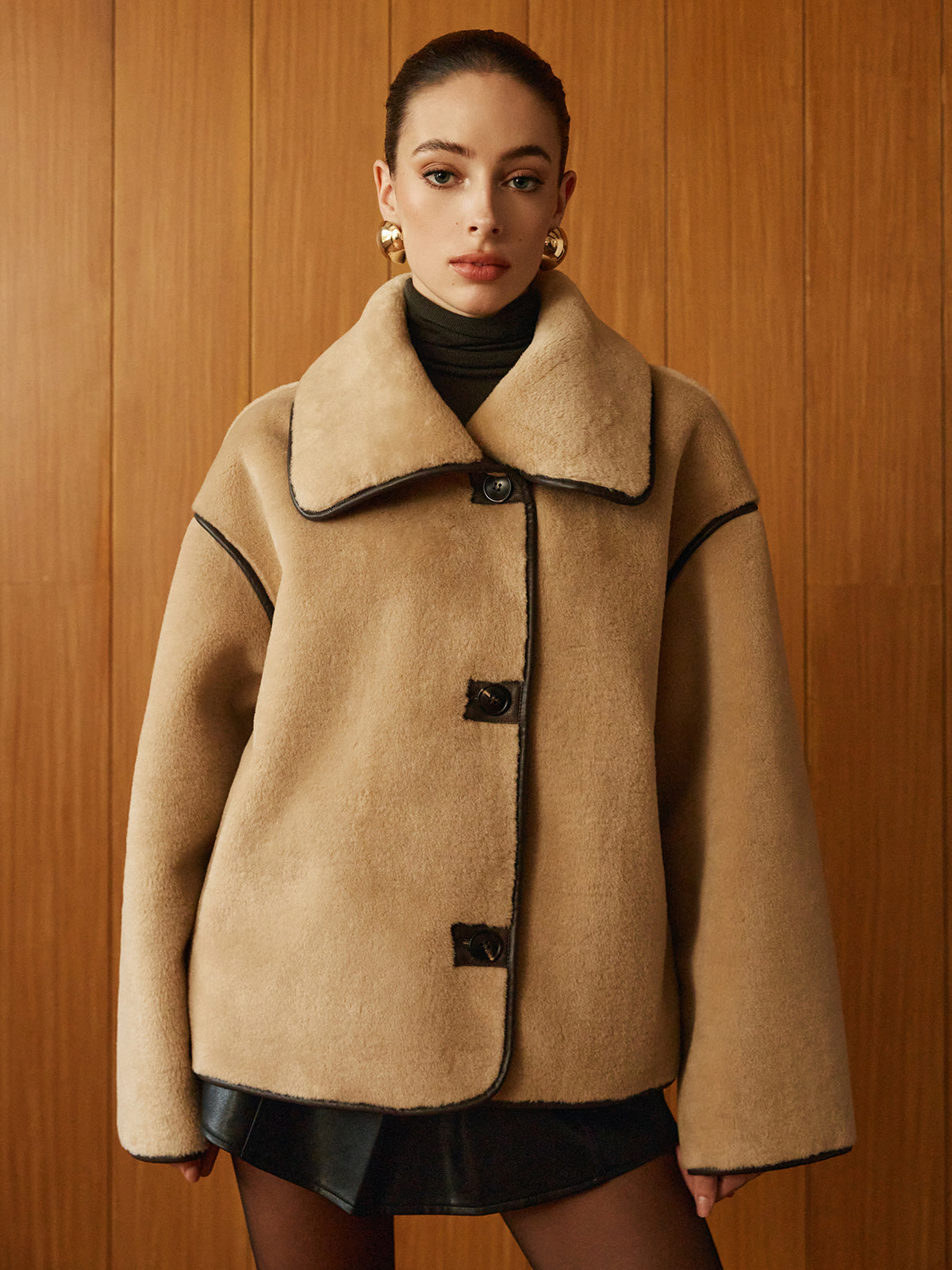 Contrast Piping Shift Minky Coat