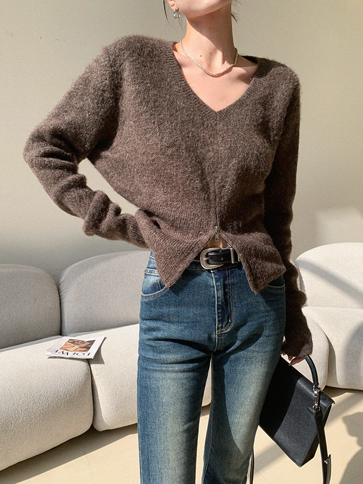 V-Neck Zipper Design Sweater