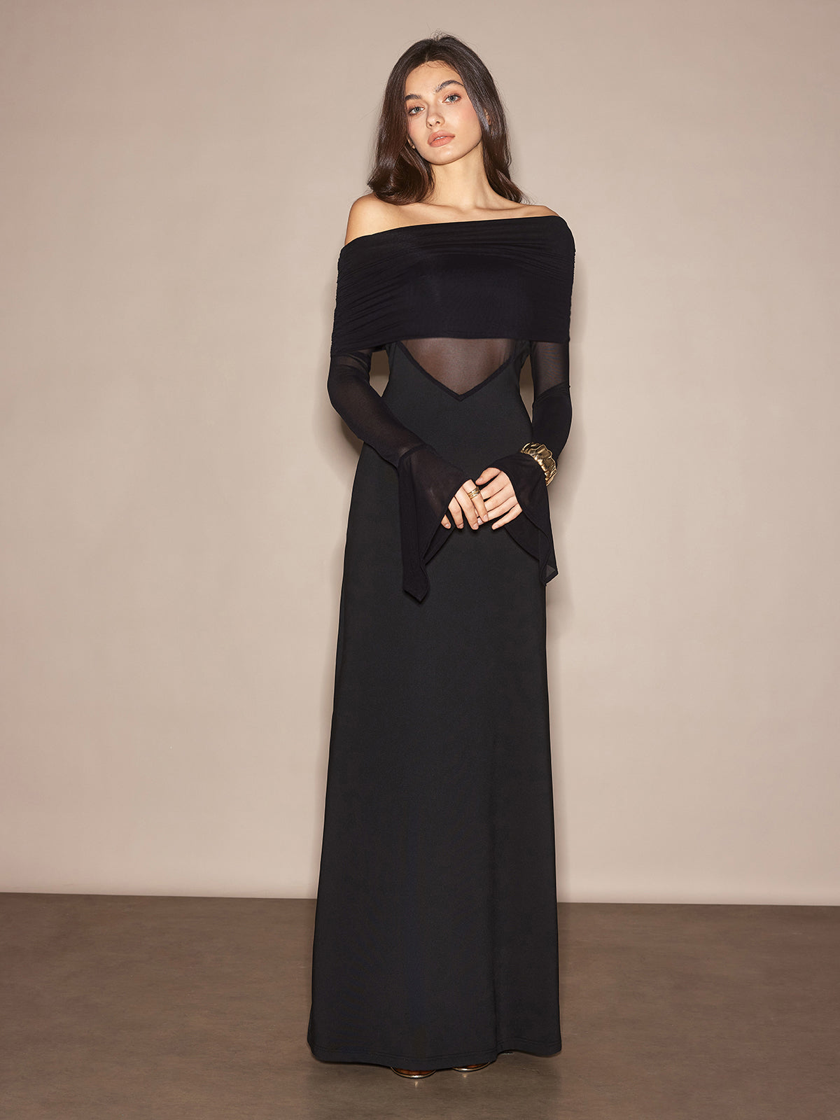 Off-Shoulder Sheer Panel Dress