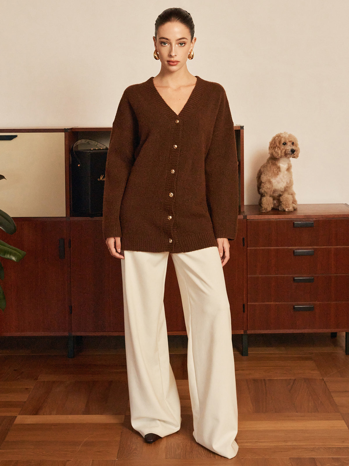 Wool-Blend Metal-Button Belted Cardigan