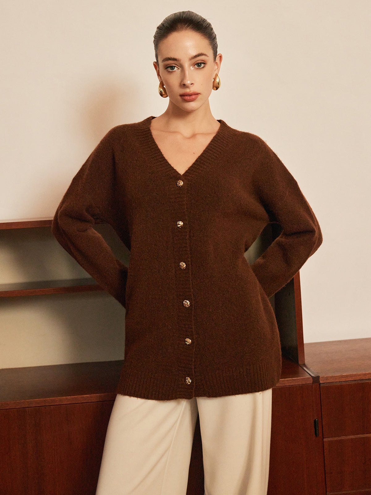 Wool-Blend Metal-Button Belted Cardigan