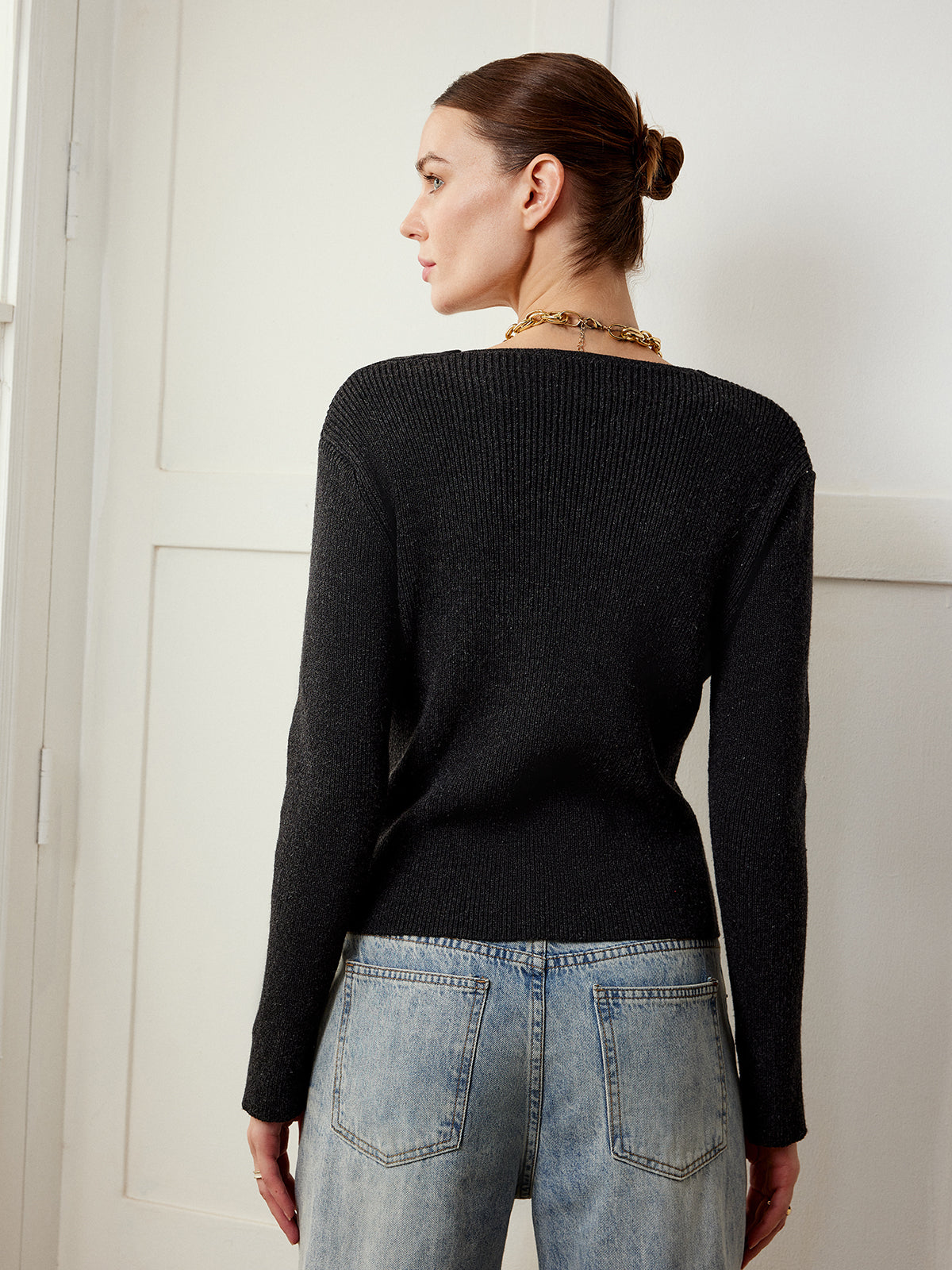 Asymmetrical Cutout Button Knit Top