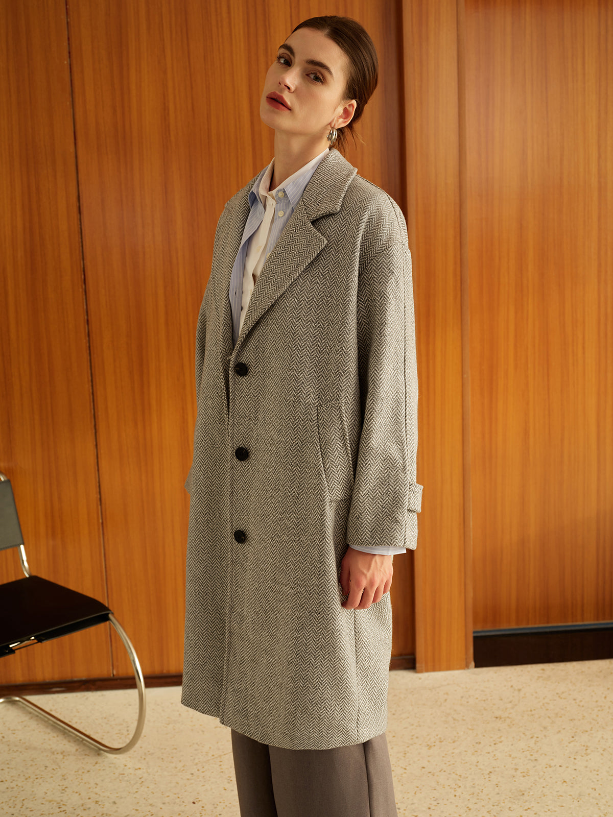 Elegant Plain Button Long Coat