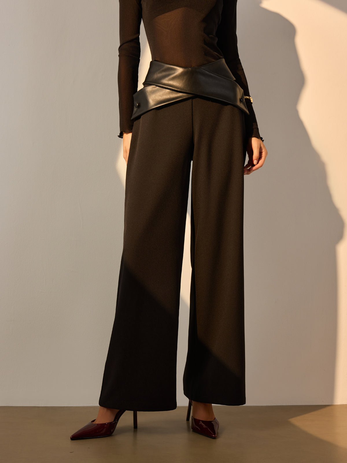 Criss Cross Faux Leather Panel Pants