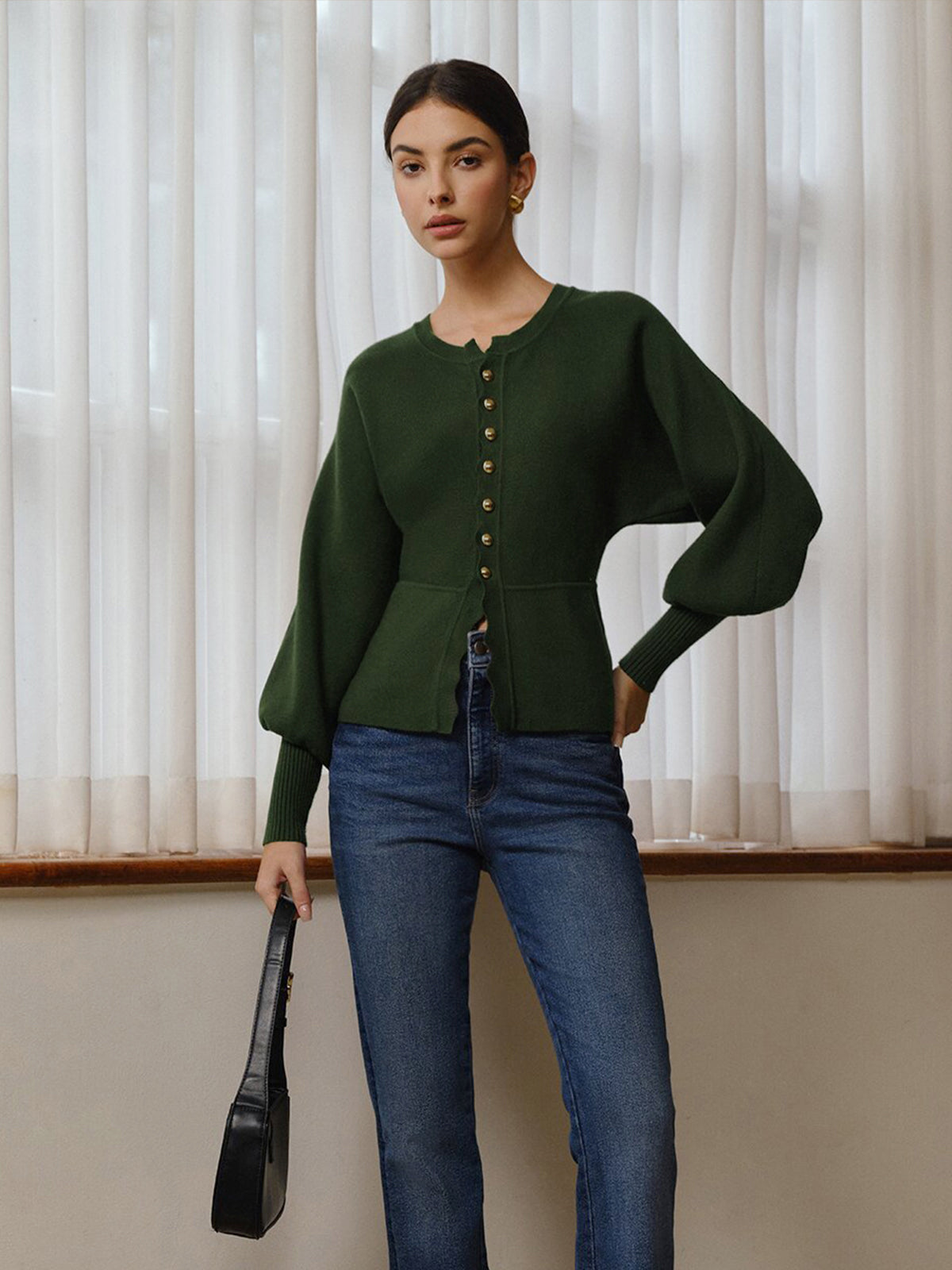 Leg-Of Mutton Sleeve Wave Trim Knit Top