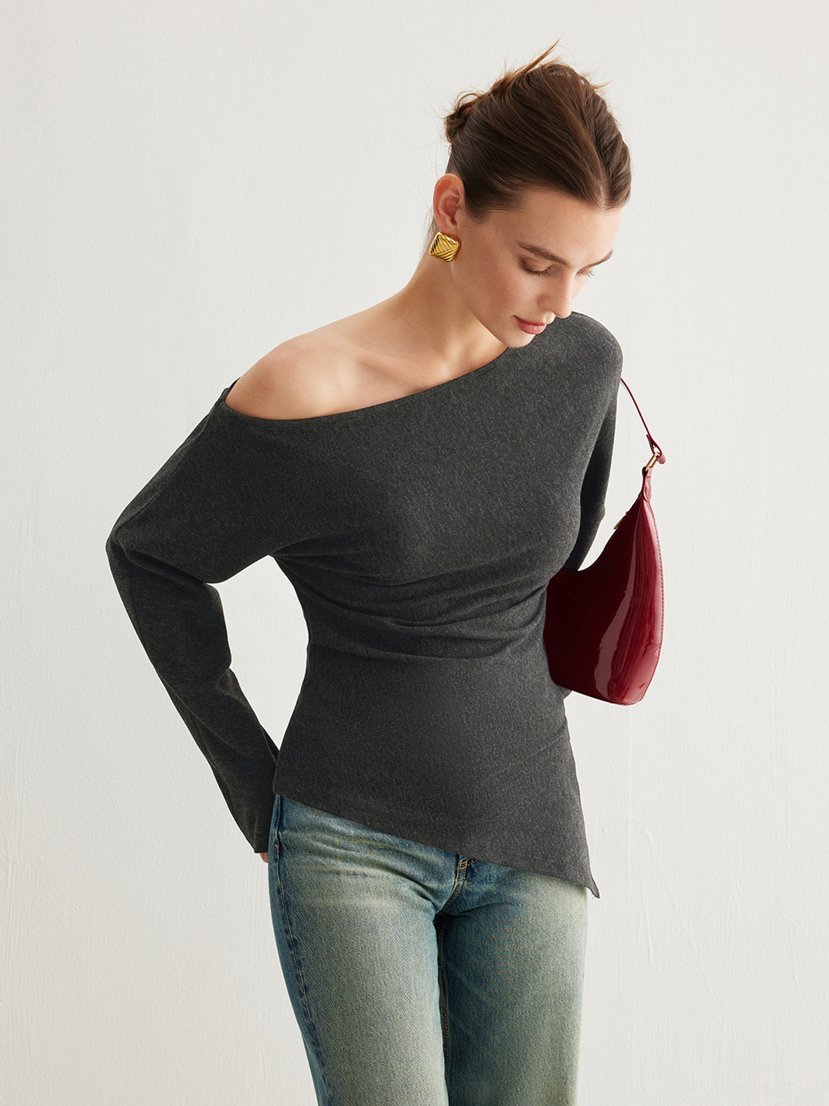 Asymmetrical Neck Slit Cinched Top