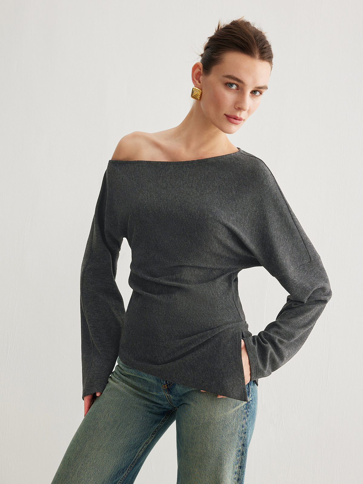 Asymmetrical Neck Slit Cinched Top