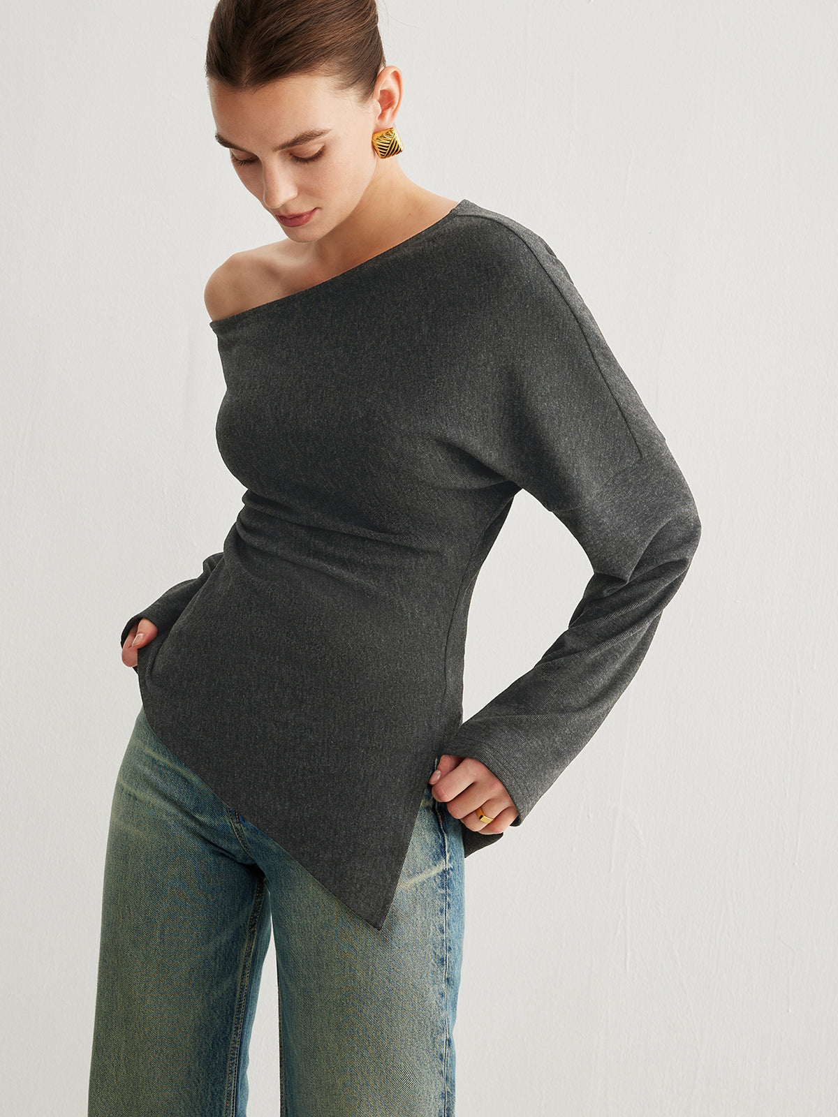 Asymmetrical Neck Slit Cinched Top