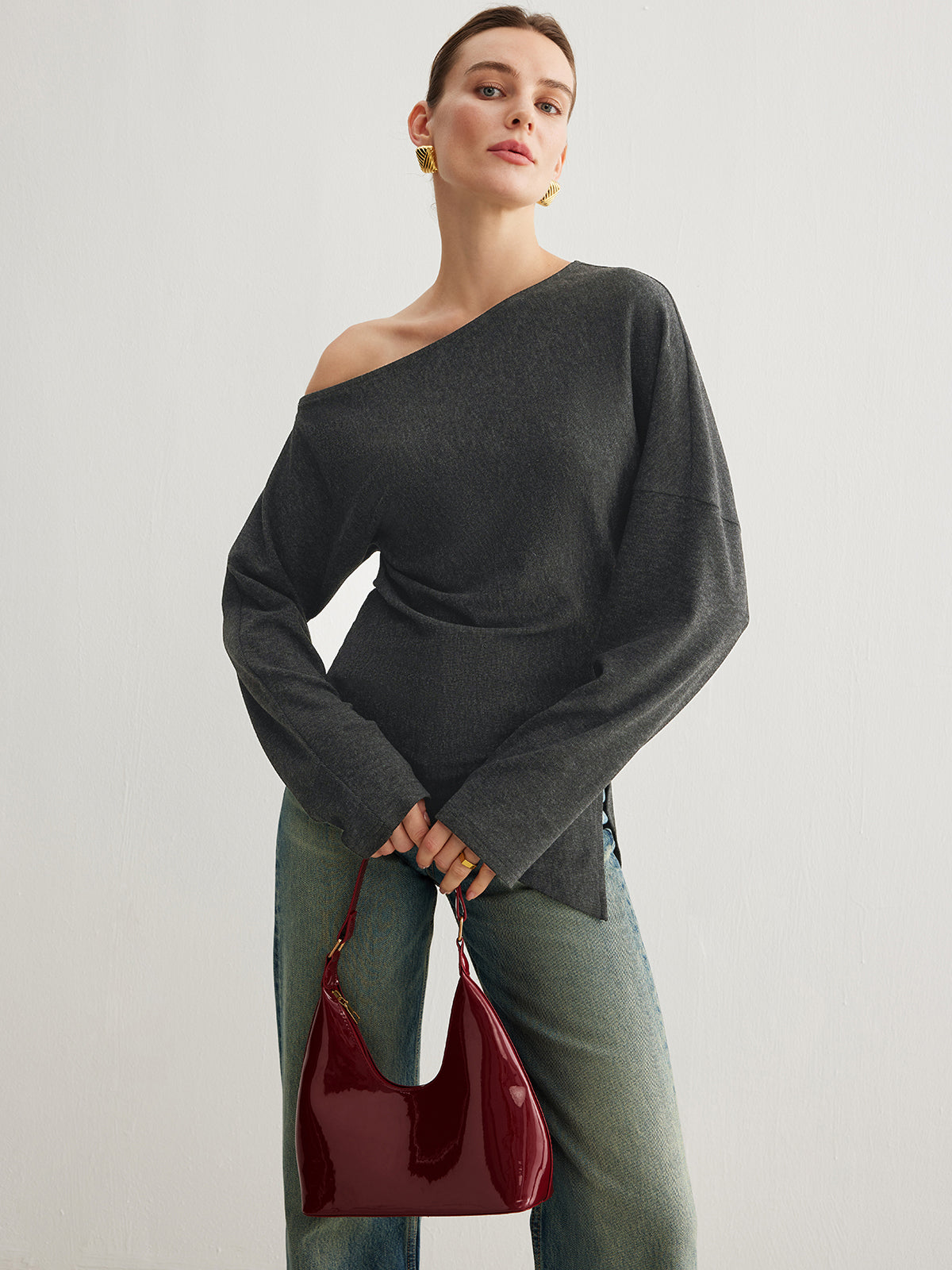 Asymmetrical Neck Slit Cinched Top