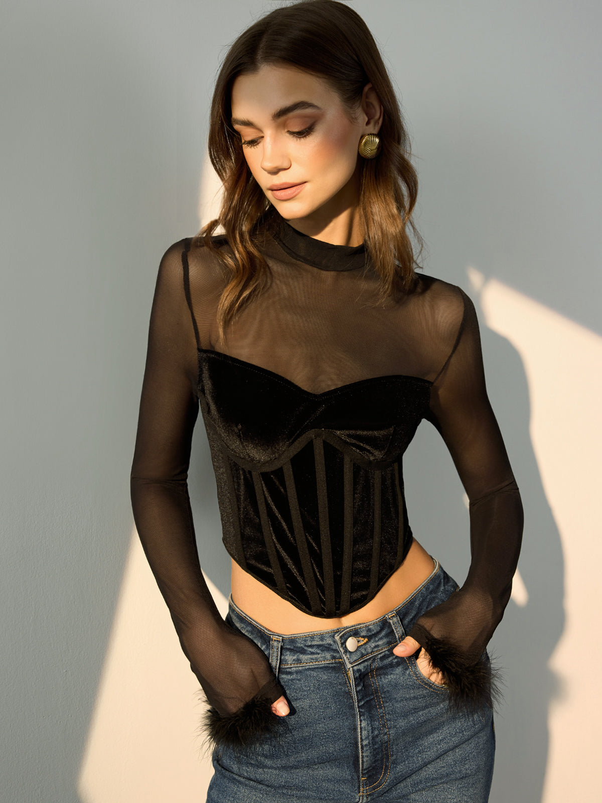 Tulle Panel Velvet Crop T-Shirt