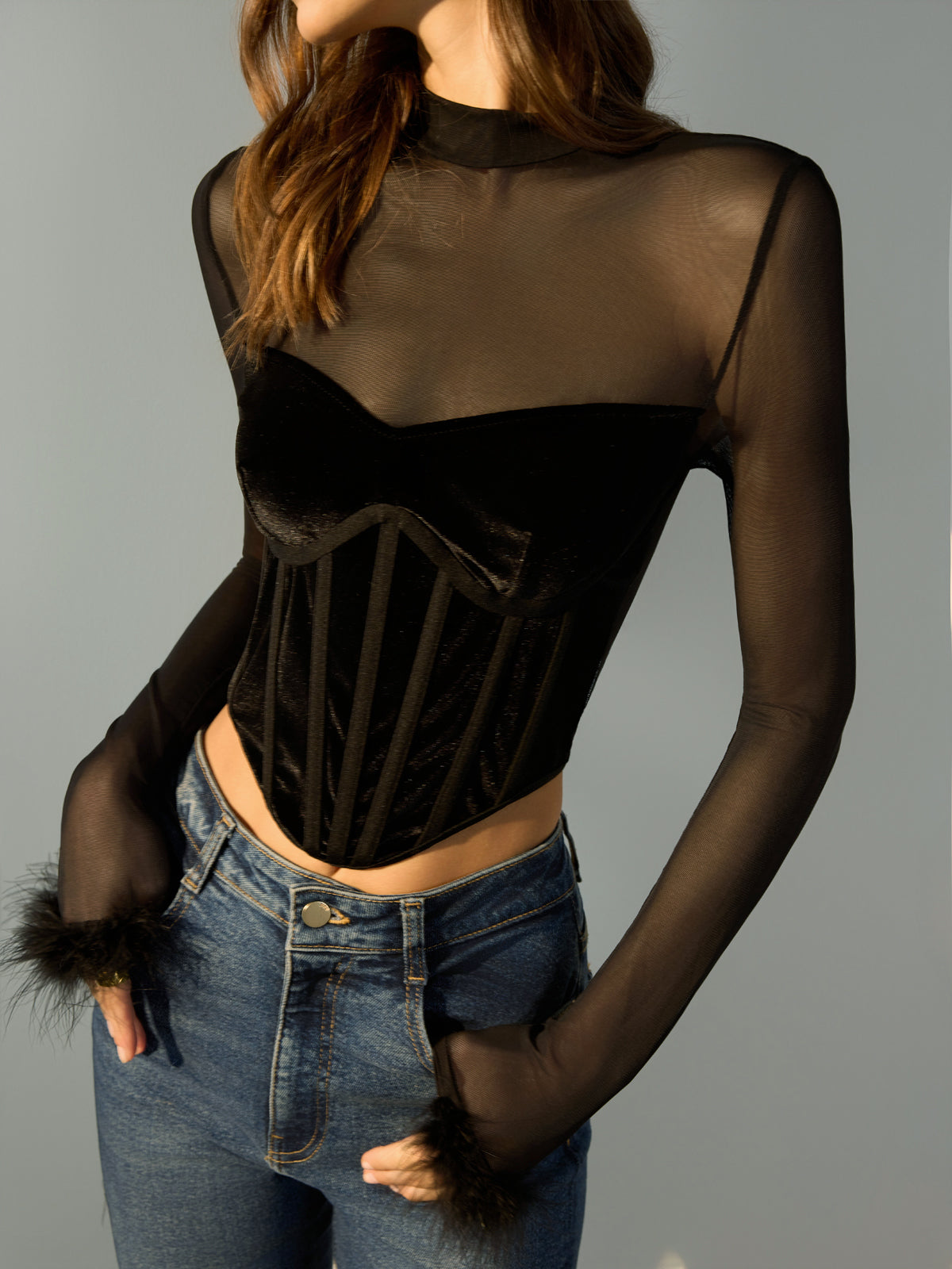 Tulle Panel Velvet Crop T-Shirt