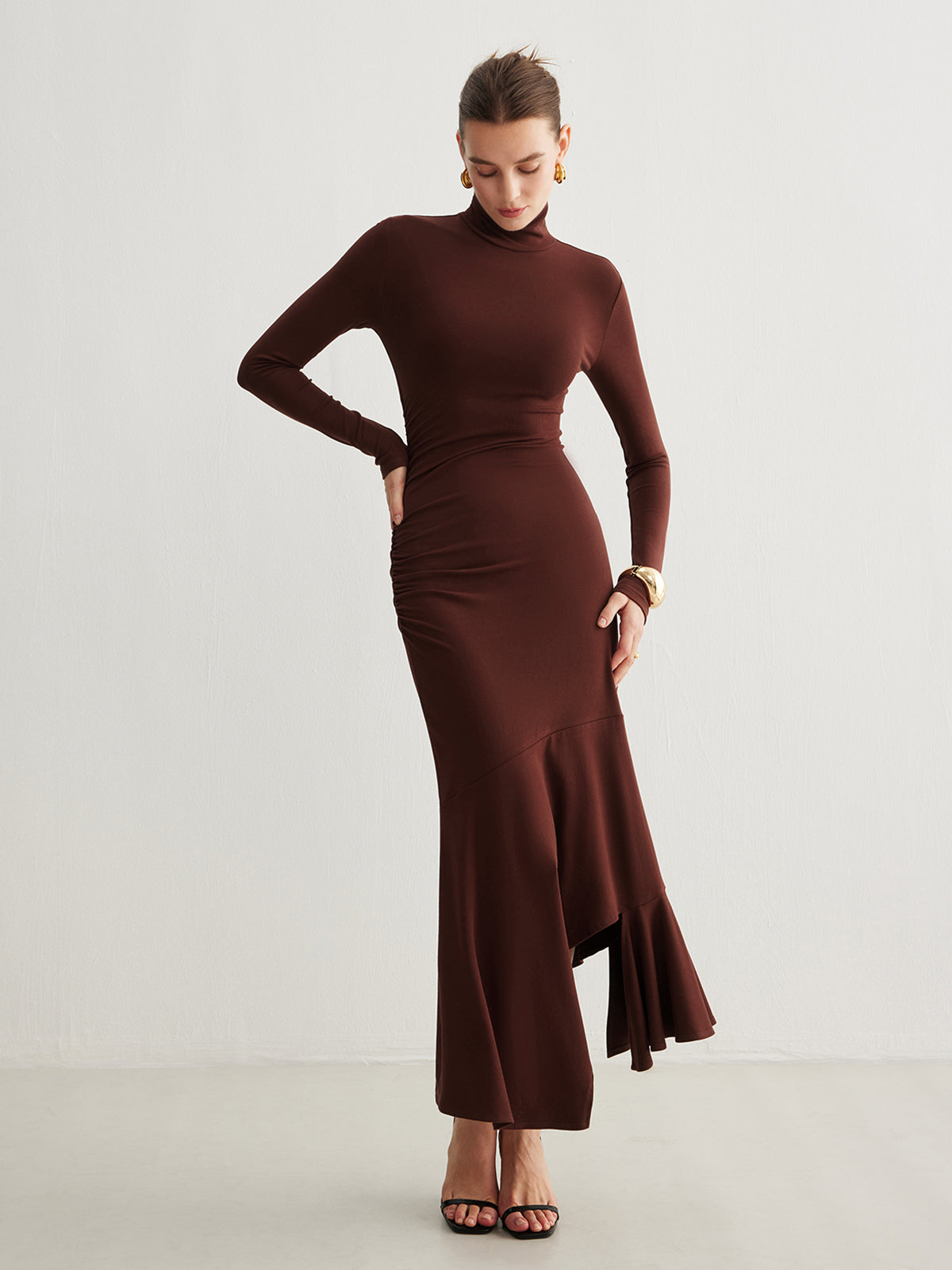 Turtleneck Irregular Pleated Long Dress