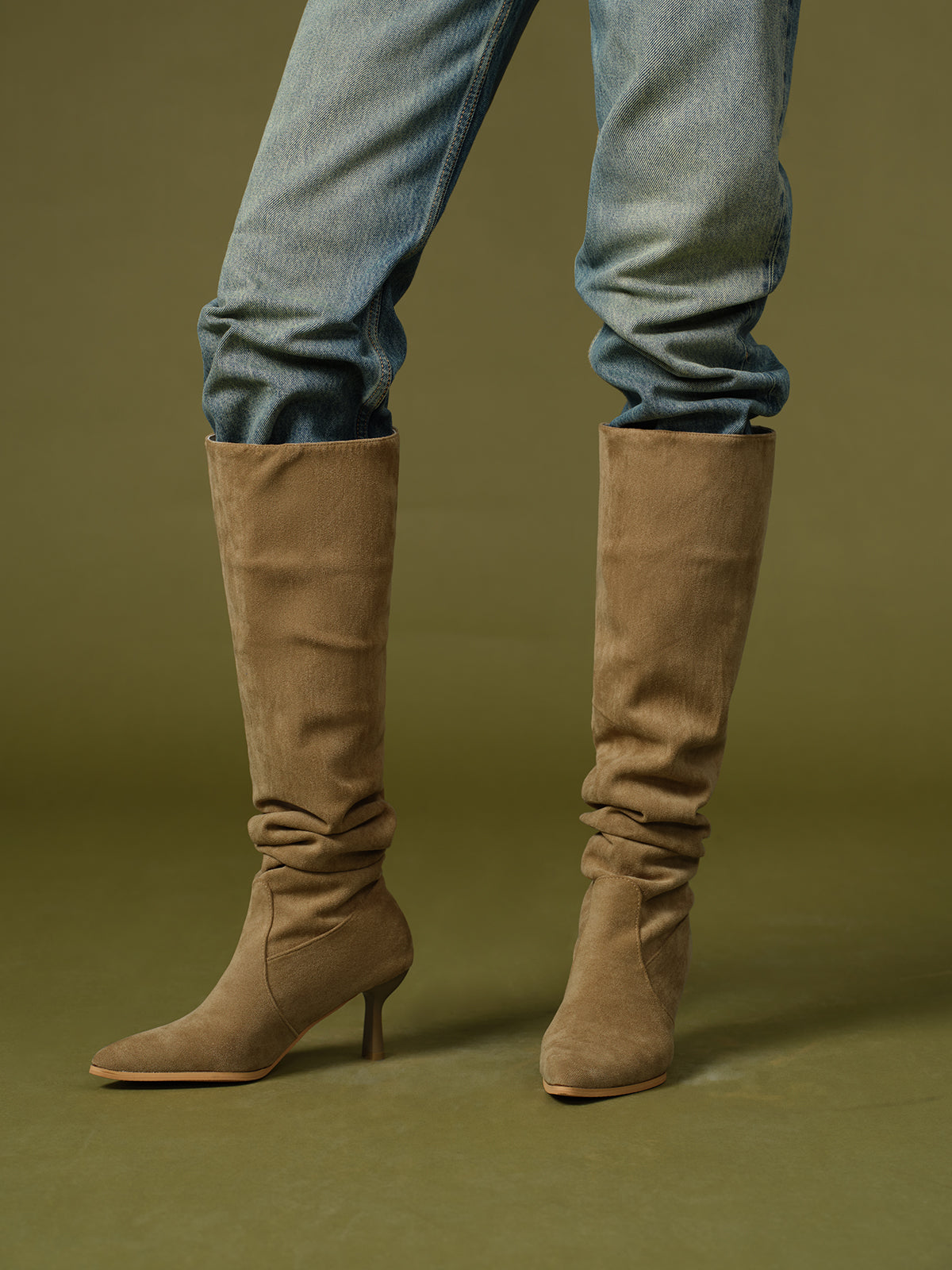 Suede Ruched Knee-High Boots