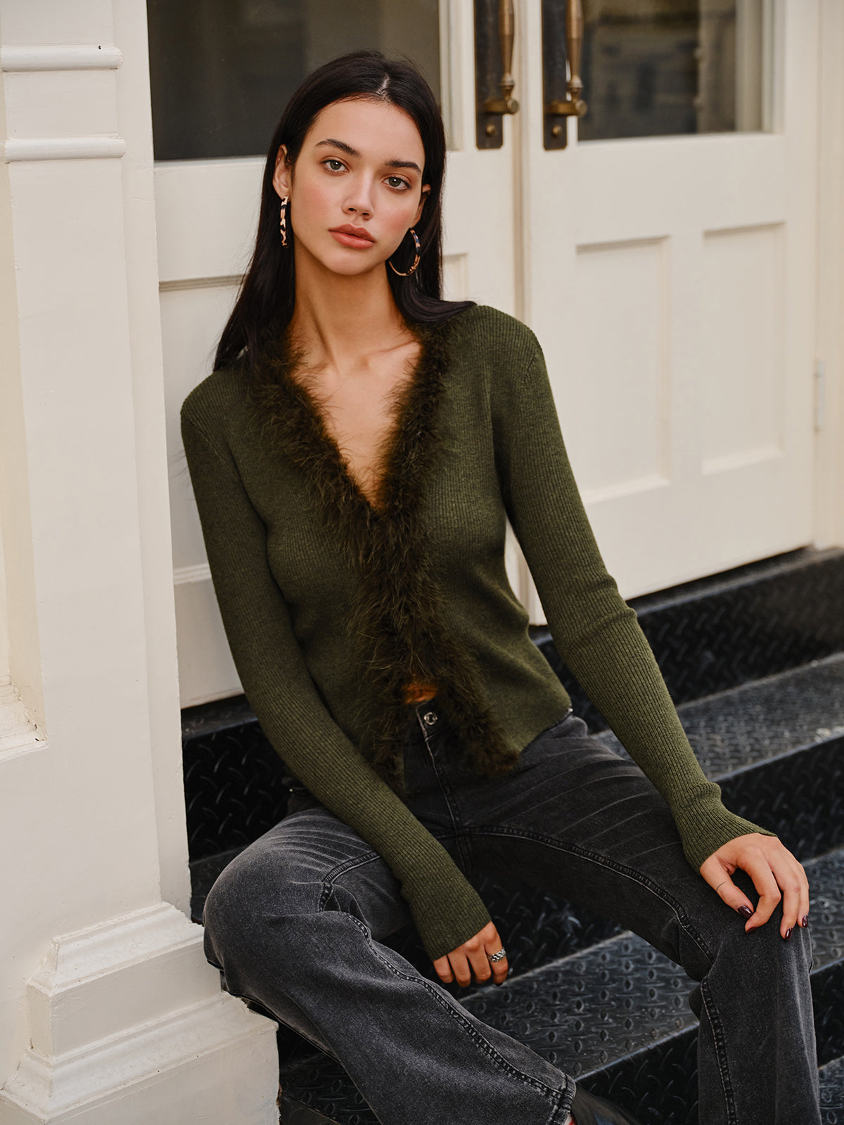 Feather Trim Wool-Blend Slim Sweater