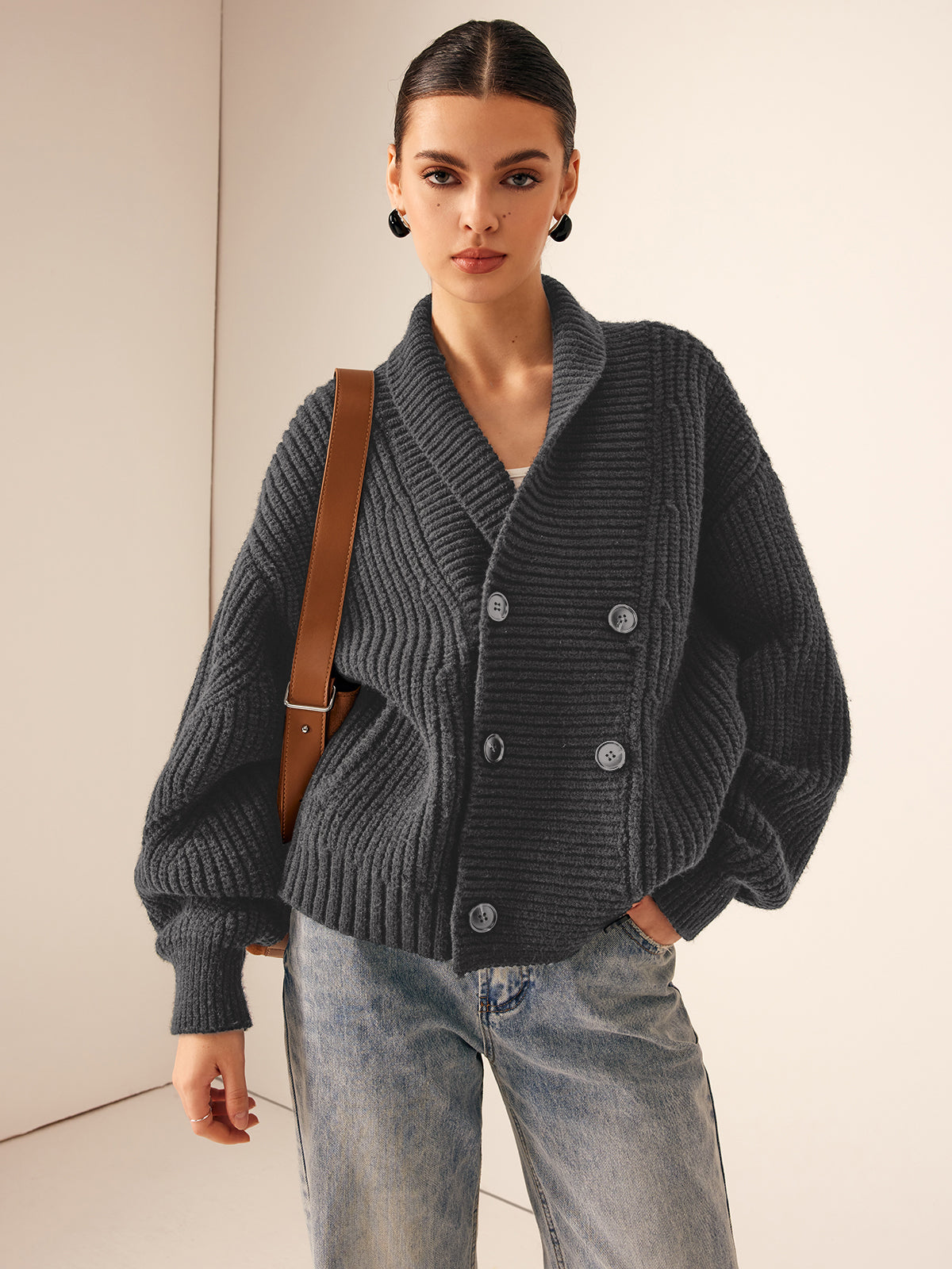 Ribbed Lapel Button Knit Outerwear