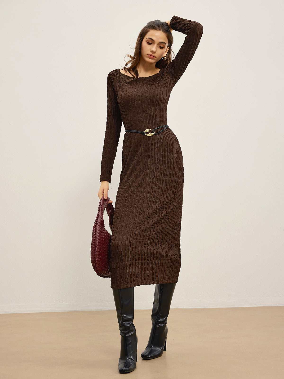 Plain Crinkle Textured Dress Without Belt