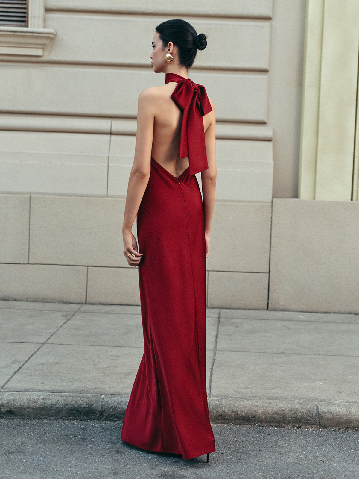 Open Back Satin Halter Dress