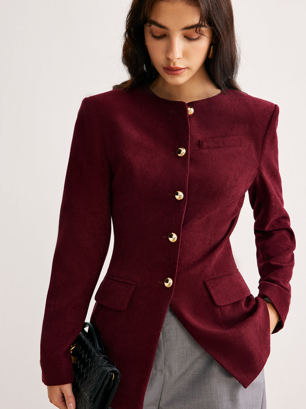 Round Neck Button Corduroy Blazer