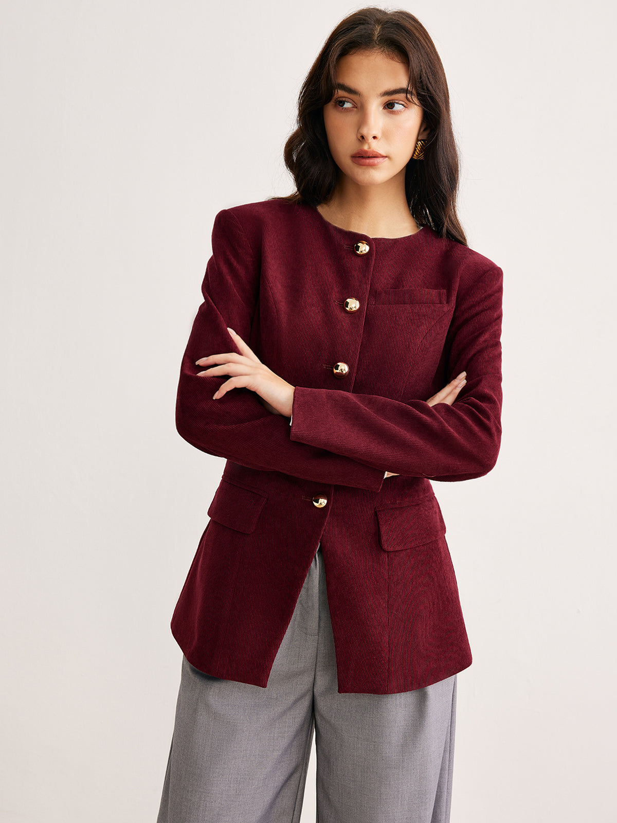 Round Neck Button Corduroy Blazer