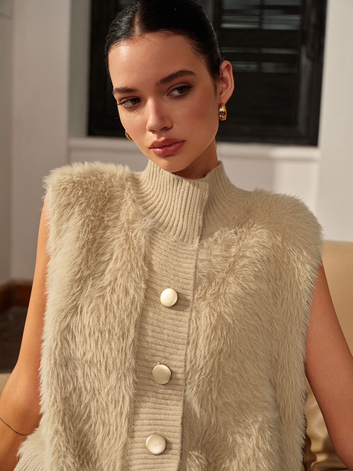 Mock Neck Button Fuzzy Vest