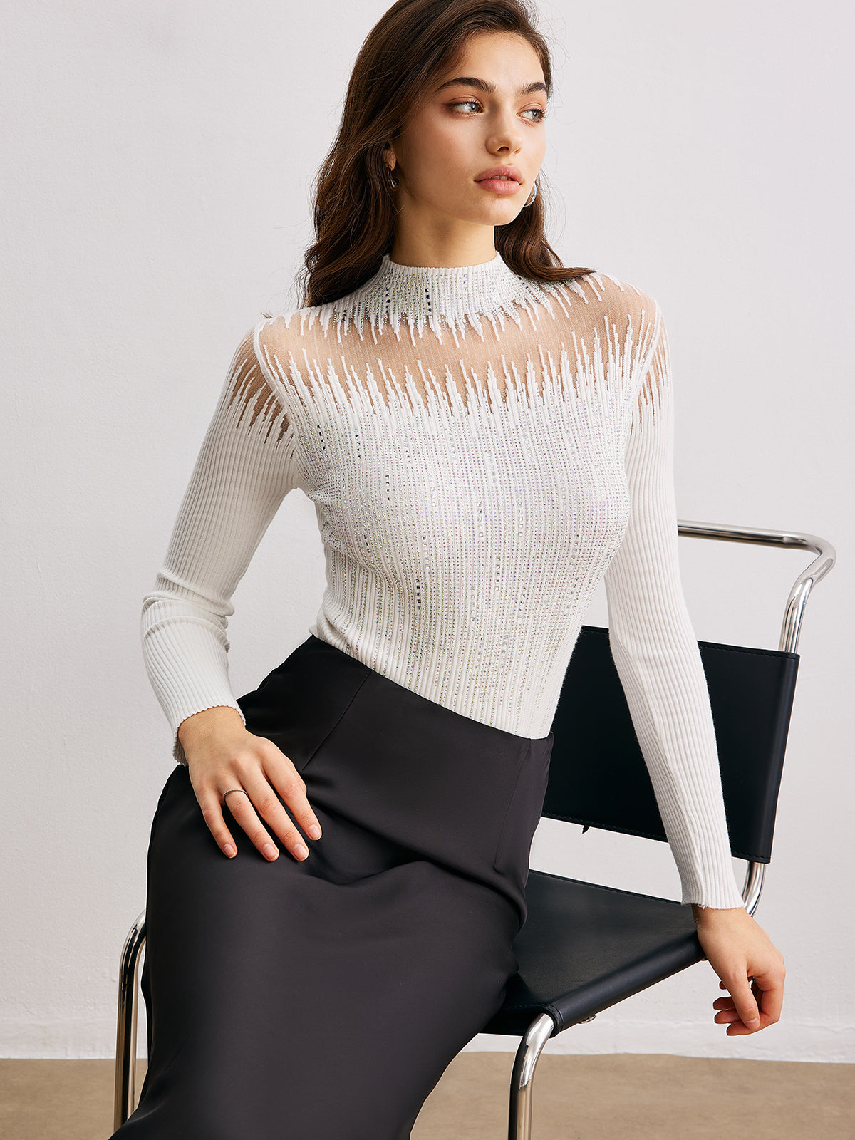 Mock Neck Sheer-Detail Knit Top