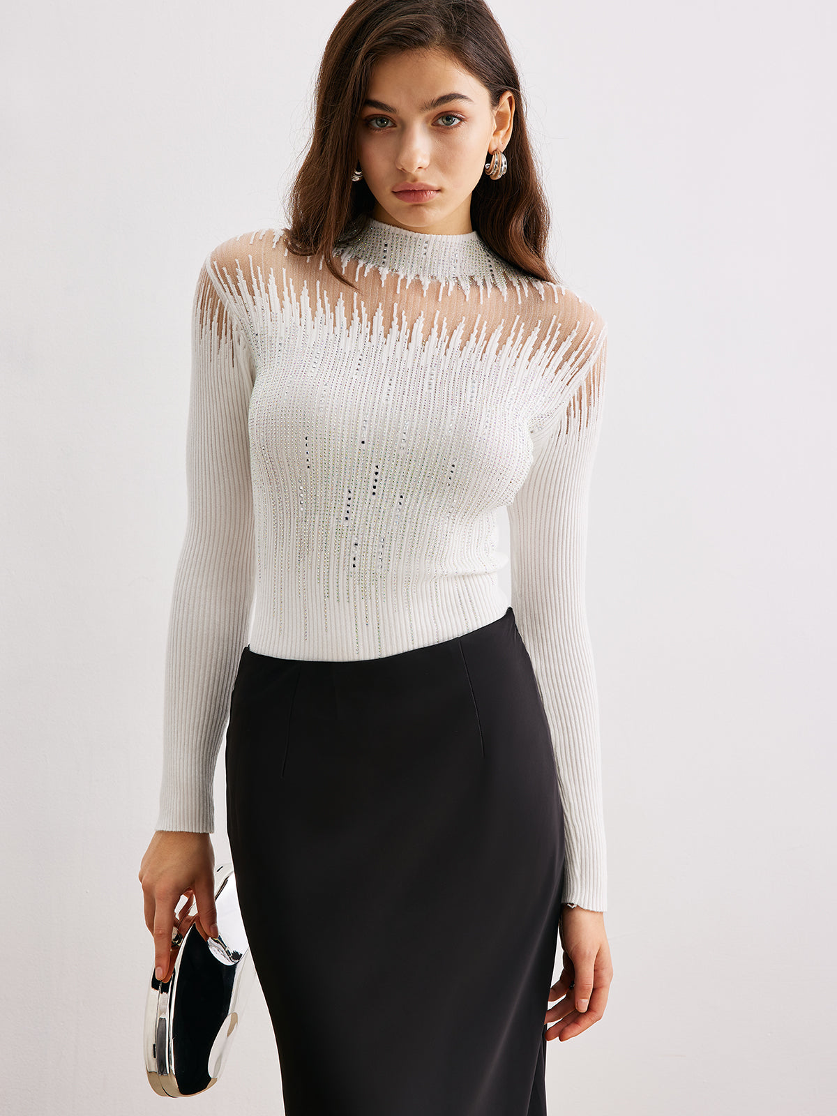 Mock Neck Sheer-Detail Knit Top