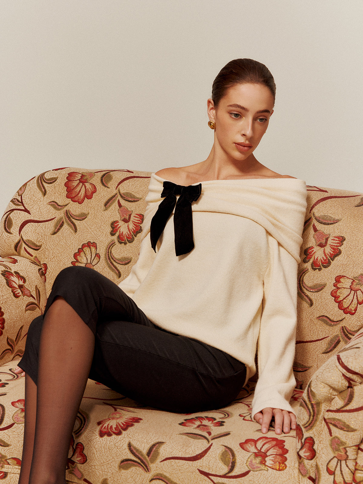 Velvet-Bow Off-Shoulder Ruched Sweater