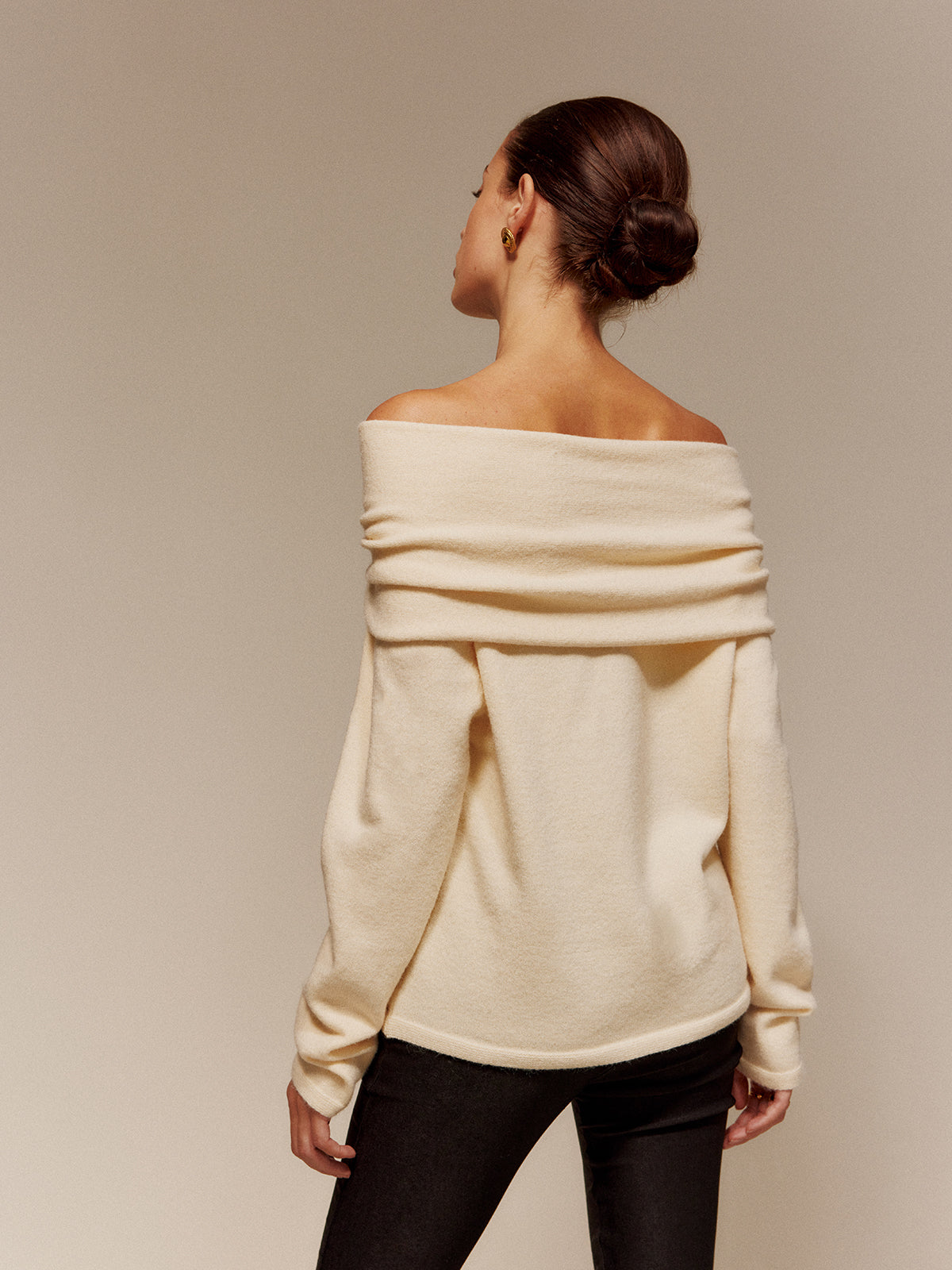 Velvet-Bow Off-Shoulder Ruched Sweater