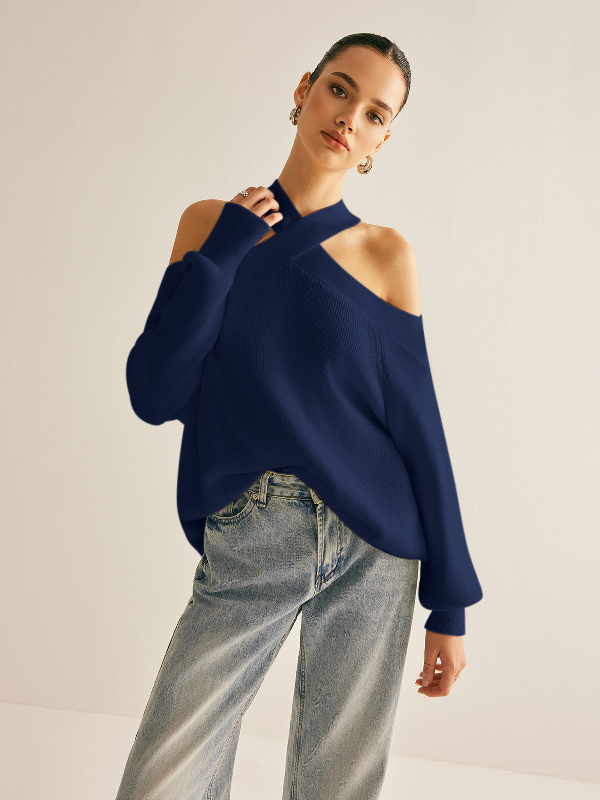 Cross-Over Collar Cold-Shoulder Sweater