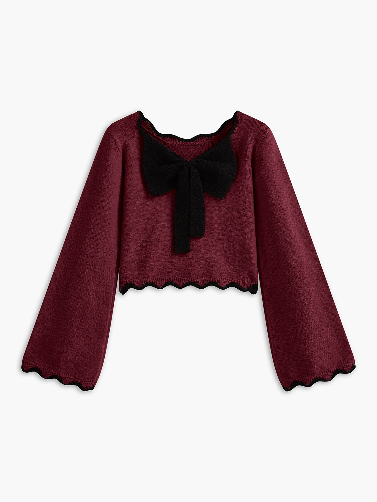 Contrast Wave Trim Bow Sweater