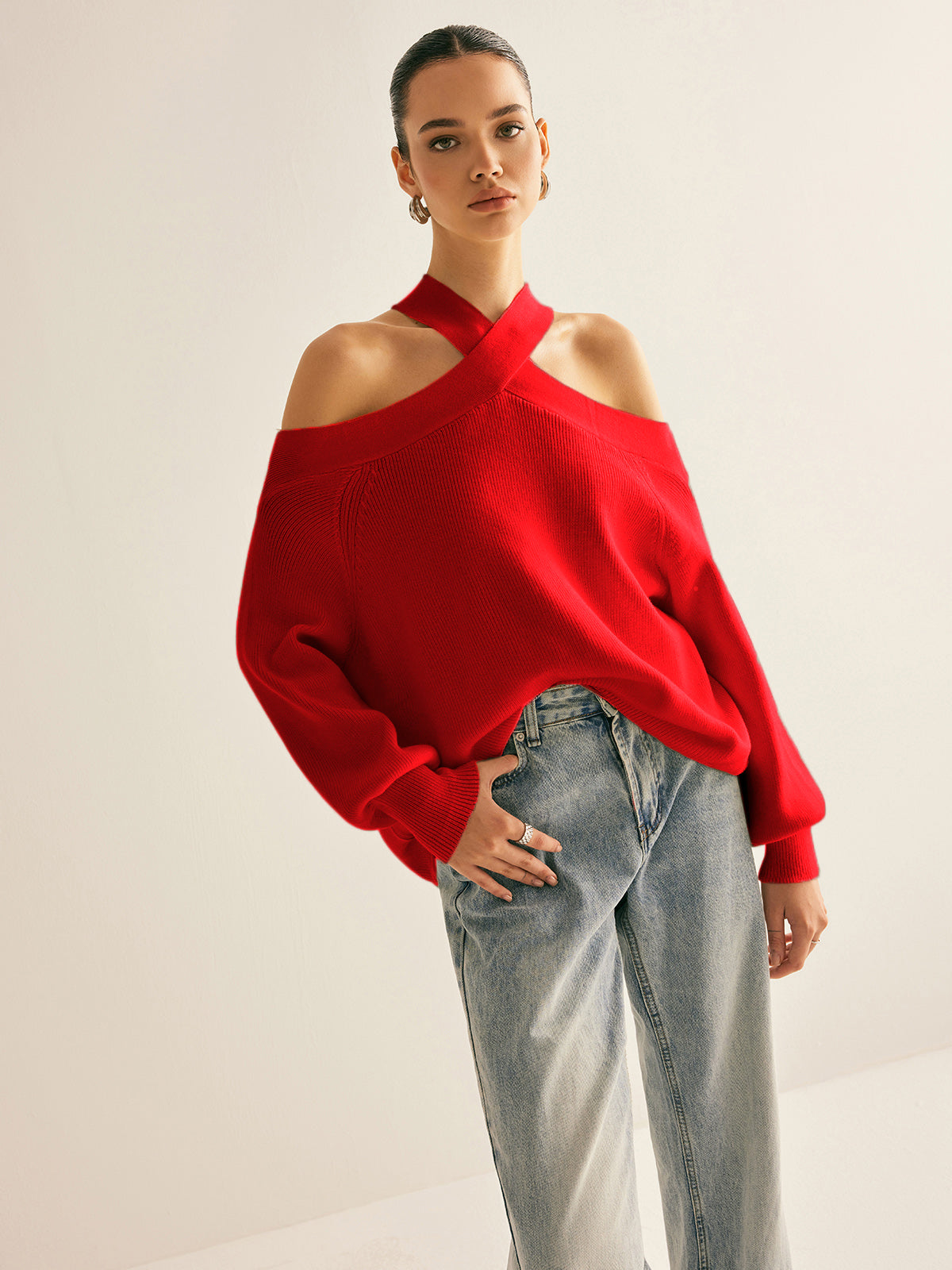 Cross-Over Collar Cold-Shoulder Sweater