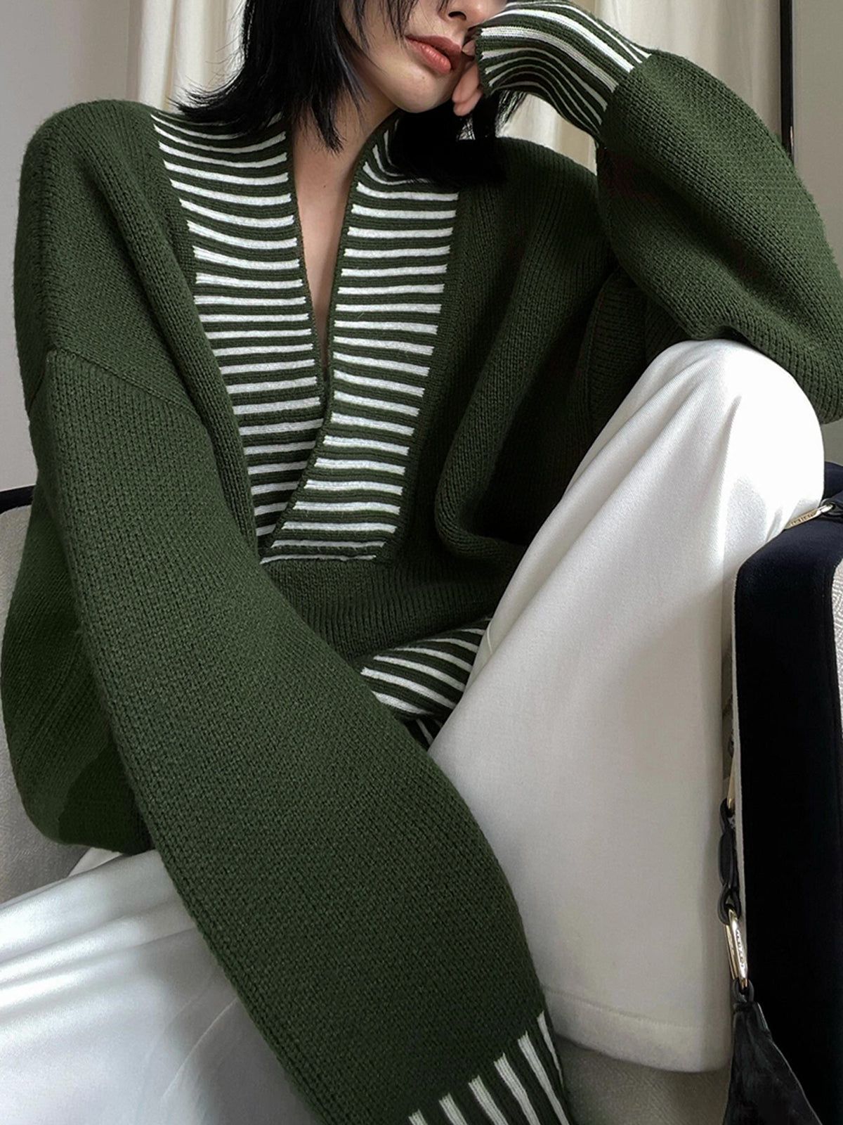 V-Neck Two-Tone Striped Sweater