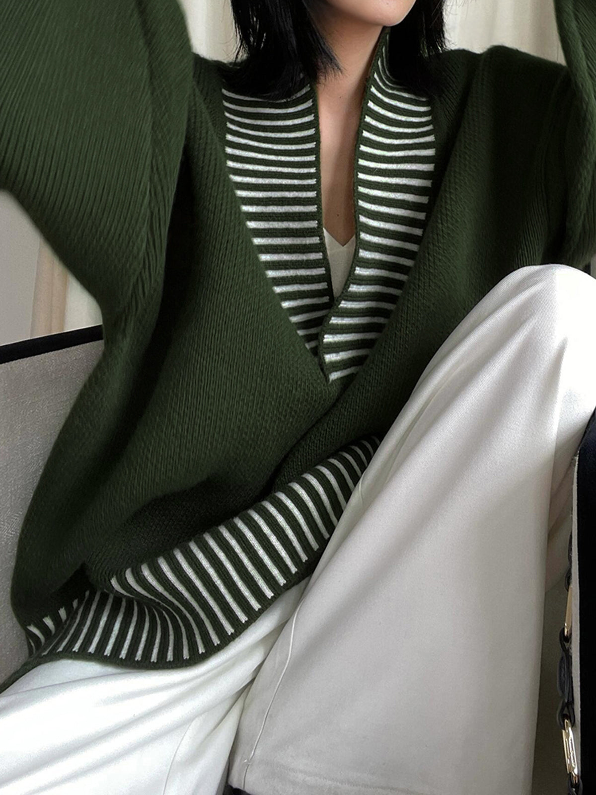 V-Neck Two-Tone Striped Sweater