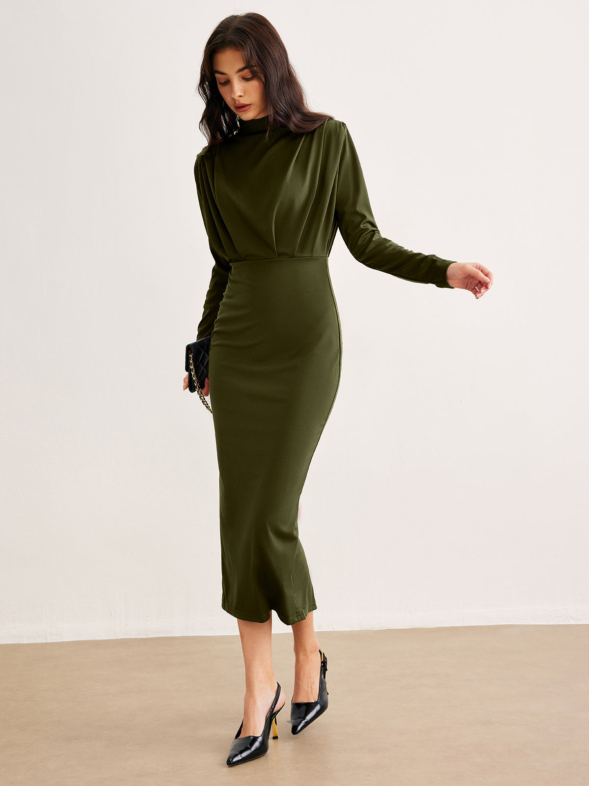 Mock Neck Pleated Jersey Dress